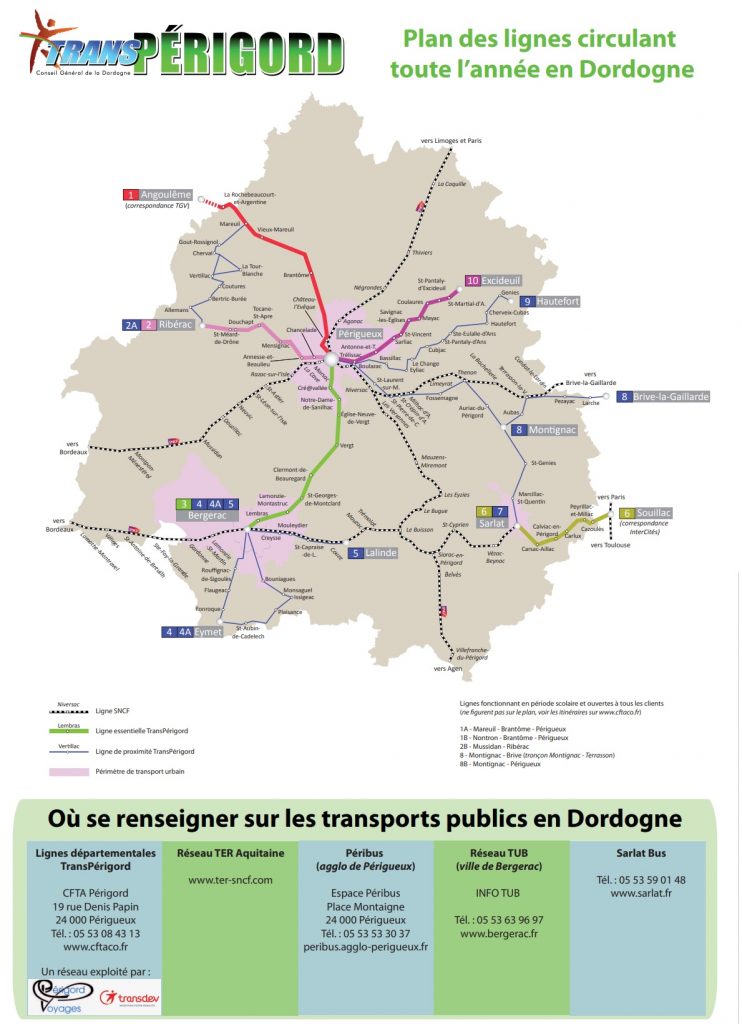 Plan des lignes circulant toute l'année en Dordogne.
Nontron
Périgueux
Ribérac
Sarlat
Bergerac